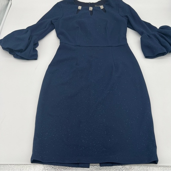 Betsy & Adam Blue Glitter Dress Sz 8 – Retro Glam Bell Sleeves Rhinestone Neck - Picture 4 of 10